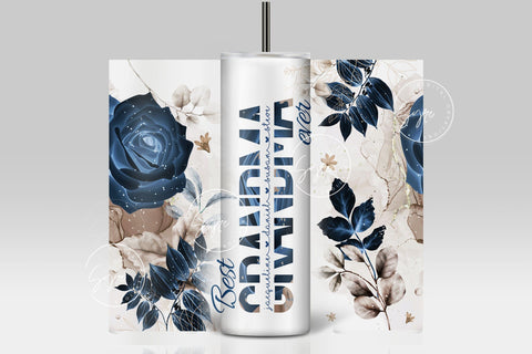 Best Grandma Ever, Blue Gold Floral Tumbler, Gift for Grandmother, Add Kids Names, 20 oz Skinny Tumbler Design Wrap, Mother's Day Tumbler Sublimation Syre Digital Creations 