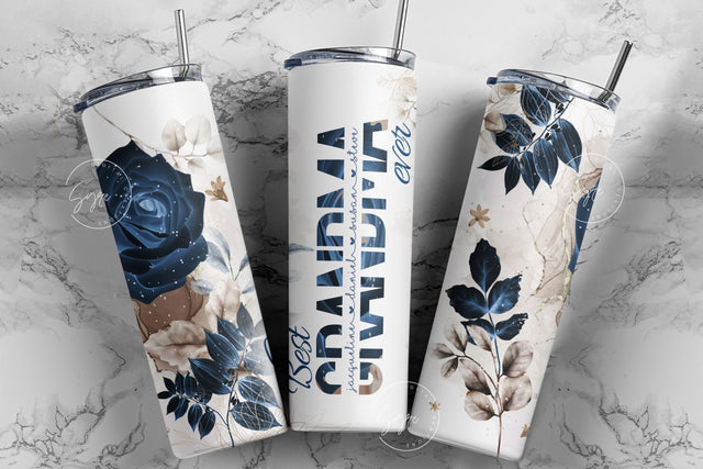 Best Grandma Ever, Blue Gold Floral Tumbler, Gift for Grandmother, Add Kids Names, 20 oz Skinny Tumbler Design Wrap, Mother's Day Tumbler Sublimation Syre Digital Creations 