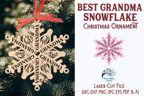 Best Grandma Snowflake Christmas Ornament File for Glowforge or Laser Cutter SVG Wispy Willow Designs 