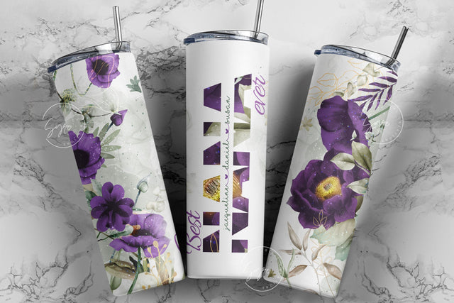 Best Nana Ever, Purple Gold Floral Tumbler, Gift for Grandmother, Add Kids Names, 20 oz Skinny Tumbler Design Wrap, Mother's Day Tumbler Sublimation Syre Digital Creations 