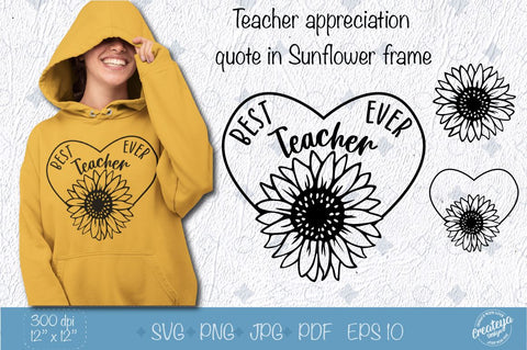 Best Teacher ever | appreciation quotes SVG in heart frame with Sunflower SVG SVG Createya Design 
