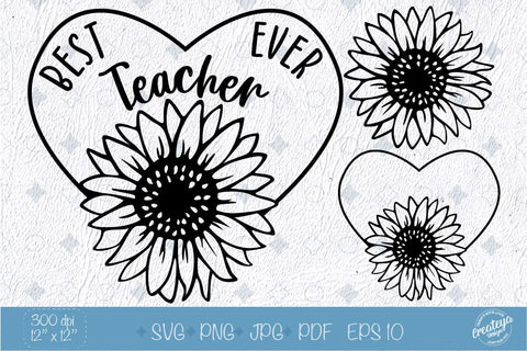 Best Teacher ever | appreciation quotes SVG in heart frame with Sunflower SVG SVG Createya Design 