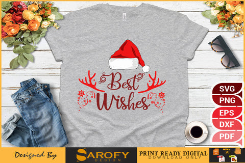 Best wishes Merry Christmas vector Santa hat deer horn silhouette SVG Sarofydesign 