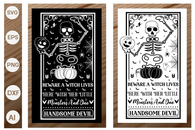 Beware A Witch Lives Here With Her Little Monsters And One Handsome Devil Porch Sign SVG, Halloween Porch Sign SVG, Farmhouse Halloween SVG Design,SVGs,Quotes and Sayings,Food & Drink,On Sale, Print & Cut SVG DesignPlante 503 