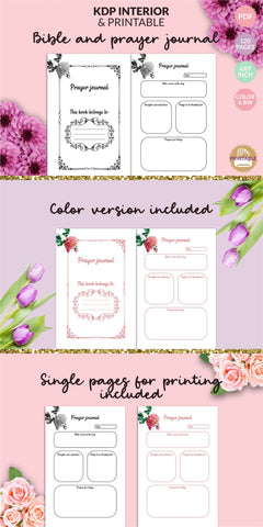 Bible and prayer journal kdp interior for Amazon and Printable in black and white and color. Sublimation KatineArt 