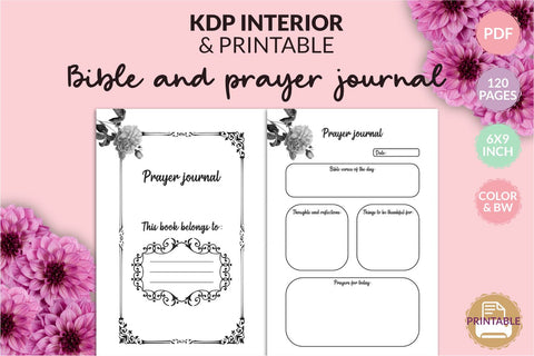 Bible and prayer journal kdp interior for Amazon and Printable in black and white and color. Sublimation KatineArt 