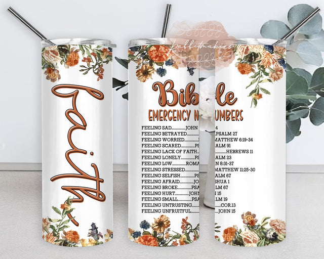 Bible Emergency Numbers Tumbler Png, Faith 20oz Skinny Tumbler, Christian Tumbler Design, Floral Tumbler Wrap, Scripture Tumbler Template, Instant Download Sublimation Rabbitmakies 