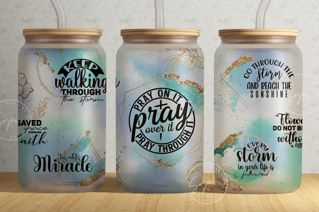 Bible Verse Glass Can, Pray Pray Pray, Religious Tumbler, Motivational Christian Tumbler Wrap, 16 oz Libbey Glass Jar Sublimation, Digital Sublimation Syre Digital Creations 