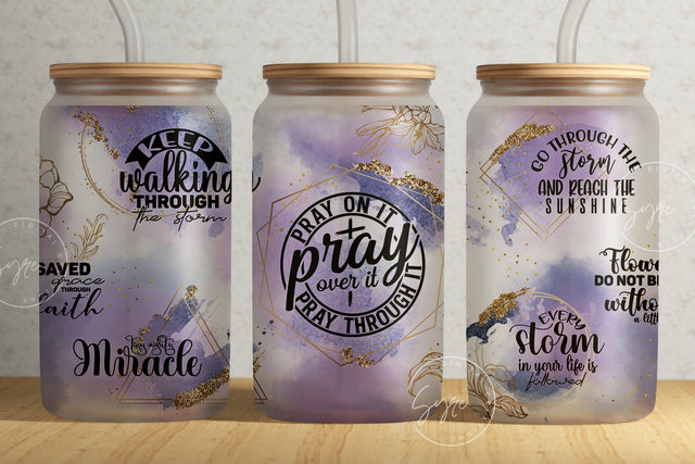 Bible Verse Glass Can, Pray Pray Pray, Religious Tumbler, Motivational Christian Tumbler Wrap, 16 oz Libbey Glass Jar Sublimation, Digital Sublimation Syre Digital Creations 