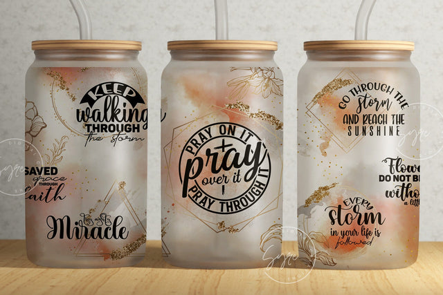 Bible Verse Glass Can, Pray Pray Pray, Religious Tumbler, Motivational Christian Tumbler Wrap, 16 oz Libbey Glass Jar Sublimation, Digital Sublimation Syre Digital Creations 