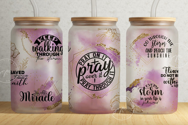 Bible Verse Glass Can, Pray Pray Pray, Religious Tumbler, Motivational Christian Tumbler Wrap, 16 oz Libbey Glass Jar Sublimation, Digital Sublimation Syre Digital Creations 