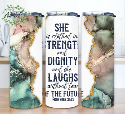Bible Verse Proverbs 31:25 20oz Skinny Tumbler Png, Gold Glitter Tumbler Png, Faith Tumbler, Christian Tumbler, Proverbs Tumbler Seamless Wrap Png Sublimation AdriOP 