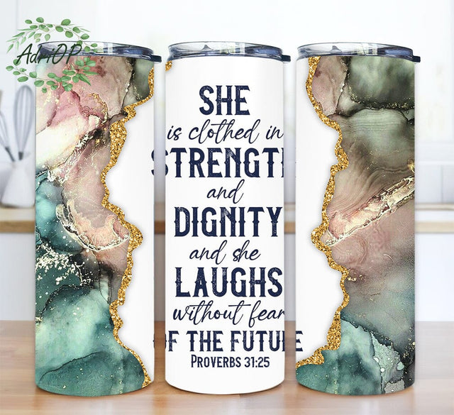 Bible Verse Proverbs 31:25 20oz Skinny Tumbler Png, Gold Glitter Tumbler Png, Faith Tumbler, Christian Tumbler, Proverbs Tumbler Seamless Wrap Png Sublimation AdriOP 