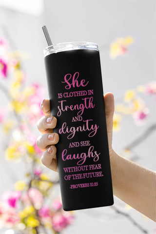 Bible Verse Proverbs 31:25 Pink Agate 20oz Skinny Tumbler Sublimation Designs, PNG, Instant Download Sublimation TrendingDesign 