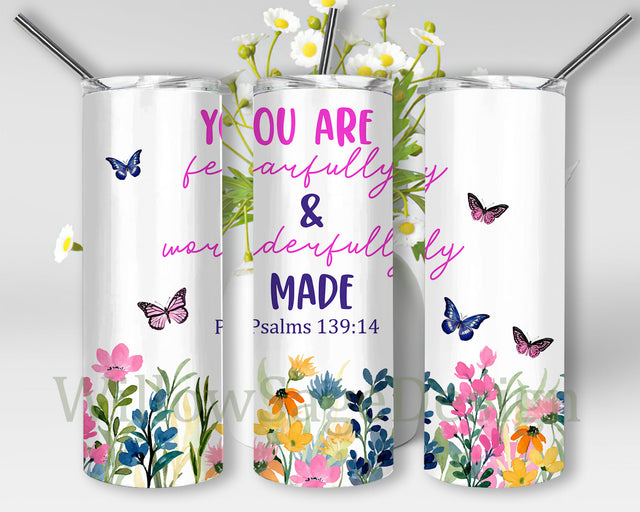 Bible Verse Tumbler Wrap, You Are Fearfully And Wonderfully Made 20oz Skinny Tumbler, Butterfly Floral Tumbler Design, Motivational Tumbler Png, Christian Sublimation Design, Digital Download Sublimation WillowSageDesign 