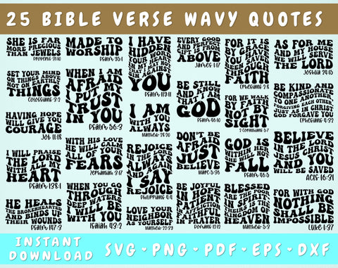 Bible Verse Wavy Quotes SVG Bundle, 25 Designs, Retro Christian SVG, Groovy Faith SVG, Bible Verse Shirt SVG, PNG, Jesus SVG SVG HappyDesignStudio 