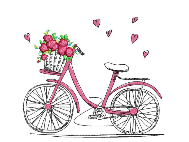 Bicycle with Flowers Embroidery Design, Valentine's Day Embroidery File, 3 sizes Embroidery/Applique DESIGNS Nino Nadaraia 