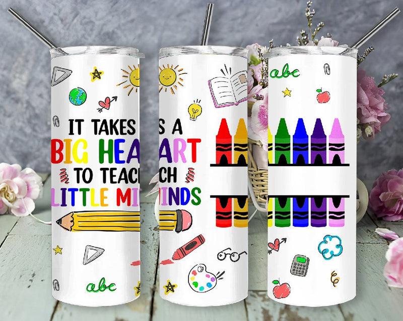 Big Heart to Teach Little Minds Sublimation Design PNG 20 oz Skinny Tumbler, Rainbow Teacher Tumbler Sublimation DesignSVG 