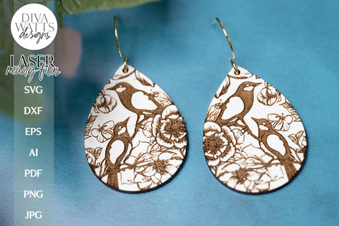 Bird and Flower Earrings SVG | Tear Drop Laser Earrings | Flowers Dangle Earrings SVG Diva Watts Designs 