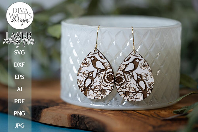 Bird and Flower Earrings SVG | Tear Drop Laser Earrings | Flowers Dangle Earrings SVG Diva Watts Designs 