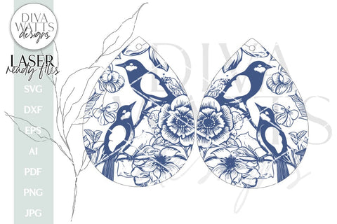 Bird and Flower Earrings SVG | Tear Drop Laser Earrings | Flowers Dangle Earrings SVG Diva Watts Designs 