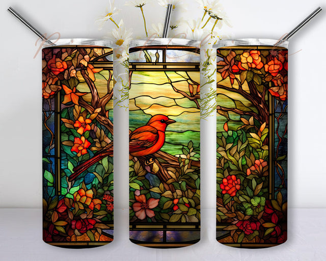 Bird Wildflower Floral 20oz Skinny Tumbler Png, Bird Wildflowers Stained Glass Png, Humming Bird Wildflowers Watercolor Tumbler, Bird Tropical Wildflowers Png Sublimation PixelChick 