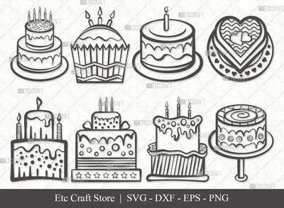 Birthday Cake Outline SVG Cut File | Cake Svg | Cake Silhouette Svg | Cupcake Svg | candle Svg | Anniversary Cake Bundle | Eps | Dxf | Png SVG ETC Craft 