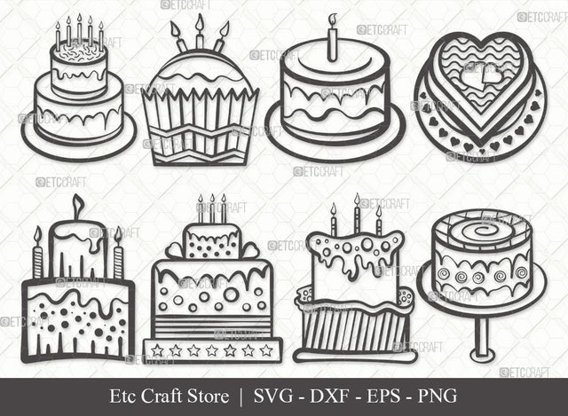 Birthday Cake Outline SVG Cut File | Cake Svg | Cake Silhouette Svg | Cupcake Svg | candle Svg | Anniversary Cake Bundle | Eps | Dxf | Png SVG ETC Craft 