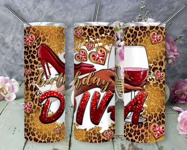 Birthday Diva 20oz Skinny Tumbler Png, Leopard Shoes Tumbler, Red Shoes Tumbler, Glitter Leopard Tumbler, Gold Glitter Tumbler, Digital Download Sublimation DesignSVG 