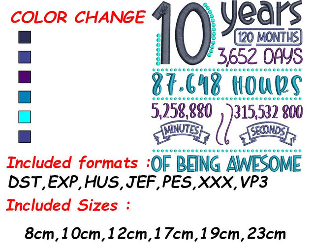 Birthday Embroidery, 10th Birthday, Age 10, Cheap Birthday, Young Girl Gift, Big 10 Gift Embroidery/Applique DESIGNS SVG Digital Designer 