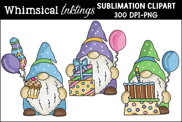 Birthday Gnomes Sublimation Clipart SVG Whimsical Inklings 