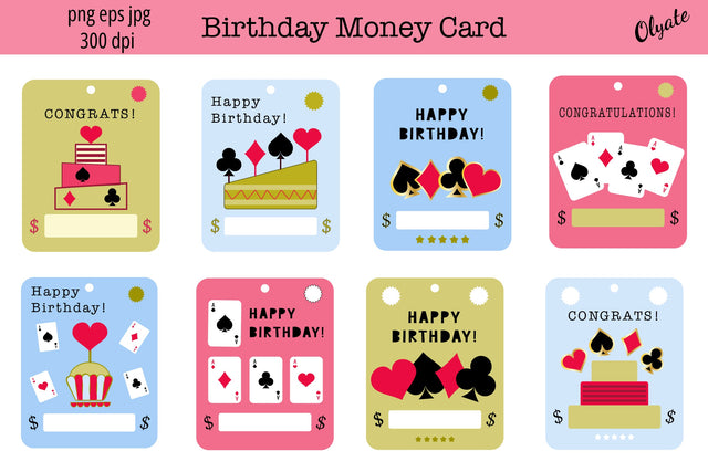 Birthday Money Card Bundle. Playing Cards Design. PNG SVG Olga Terlyanskaya 