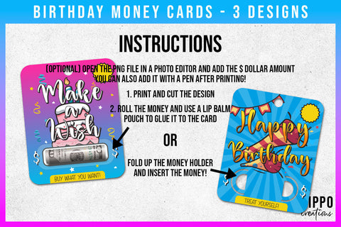 Birthday Money Card | Set of 3 Printable Money Cards PNG SVG Hippo Creations 