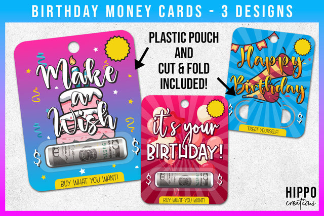 Birthday Money Card | Set of 3 Printable Money Cards PNG SVG Hippo Creations 