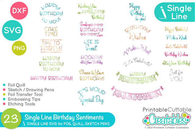 Birthday Sentiments Single Line SVG Sketch Files SVG Printable Cuttable Creatables 