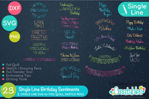 Birthday Sentiments Single Line SVG Sketch Files SVG Printable Cuttable Creatables 