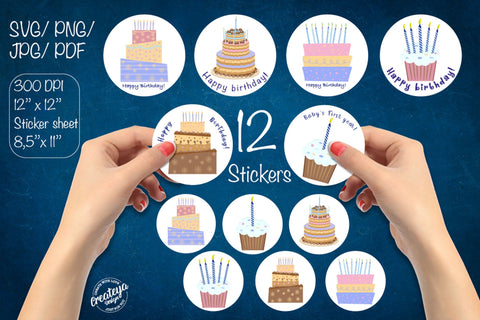 Birthday stickers. Round stickers. Sticker Pack. Sticker svg SVG Createya Design 