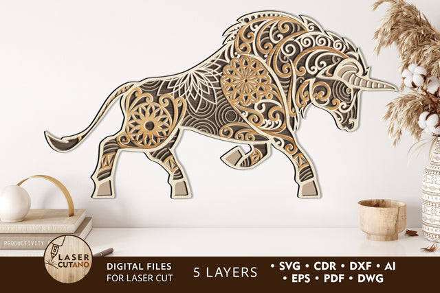 BISON, Buffalo Multilayer Laser Cut Files, Mandala, SVG, 3D Designs, Paper Craft SVG LaserCutano 