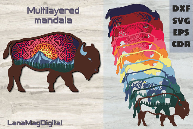 Bison Mountain sunset 3d mandala SVG, 3d Layered american bison svg 3D Paper LanaMagDigital 