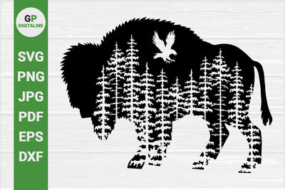 Bison SVG, Eagle Flying SVG, Bird of Prey SVG, Buffalo SVG, Forest SVG, Woods SVG, Pine Trees SVG, Wildlife SVG, Woodland Animals SVG, Wilderness SVG, Outdoor SVG, Nature SVG SVG GPDigitaline 