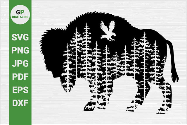 Bison SVG, Eagle Flying SVG, Bird of Prey SVG, Buffalo SVG, Forest SVG, Woods SVG, Pine Trees SVG, Wildlife SVG, Woodland Animals SVG, Wilderness SVG, Outdoor SVG, Nature SVG SVG GPDigitaline 