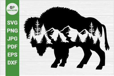 Bison SVG, Forest SVG, Mountain SVG, Buffalo SVG, Woods SVG, Pine Trees SVG, Hills SVG, Outdoor SVG, Nature SVG, Woodland Animal SVG, Wilderness SVG, Wildlife SVG SVG GPDigitaline 