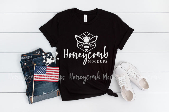 Black 3001 Bella Canvas Mockup, 4th of July Mockup, Patriotic Mockup, Women's T-Shirt Mockup Mock Up Photo Honeycomb Mockups 