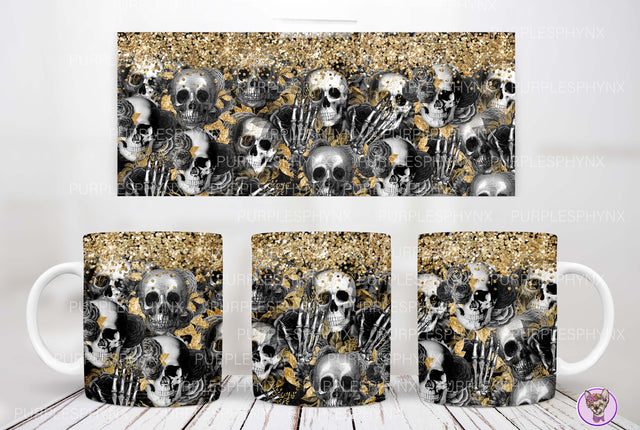 Black and Gold Skull Mug PNG, Gothic Mug Png, 11Oz Mug Png Sublimation _HelArtShop_ 