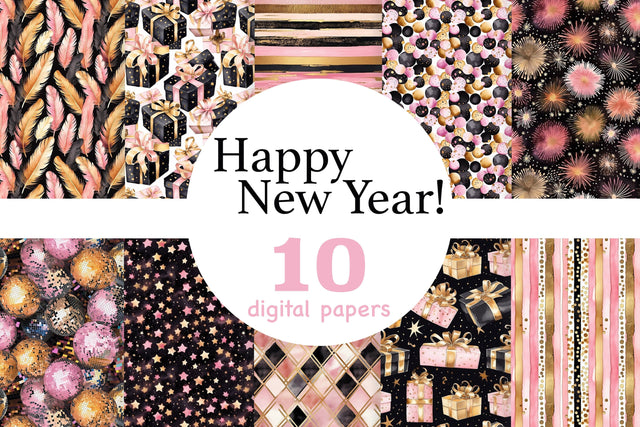 Black And Pink Digital Paper | Happy New Year Seamless Paper Digital Pattern GlamArtZhanna 