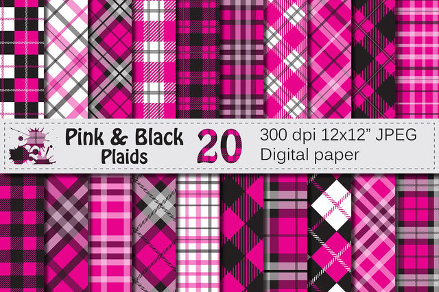 Black and Pink Plaid Digital Paper Digital Pattern VR Digital Design 