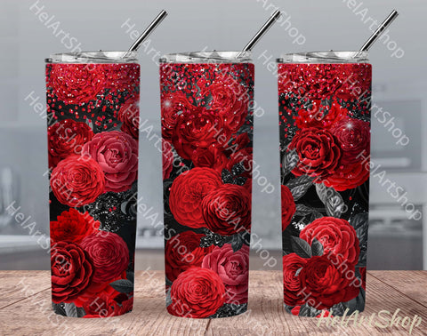 Black and Red Floral SKINNY TUMBLER Png, Sublimation Png Sublimation _HelArtShop_ 