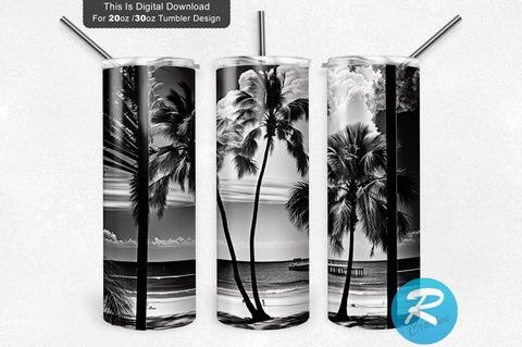 Black and White Beach View Palm Trees 20 oz / 30 oz Tumbler PNG Sublimation Regulrcrative 