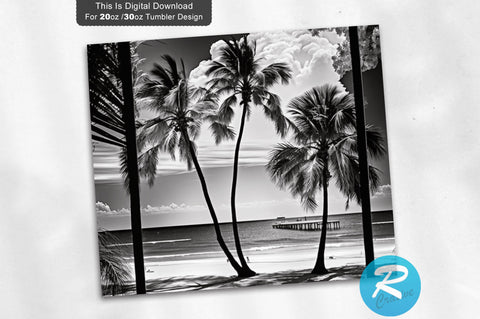 Black and White Beach View Palm Trees 20 oz / 30 oz Tumbler PNG Sublimation Regulrcrative 