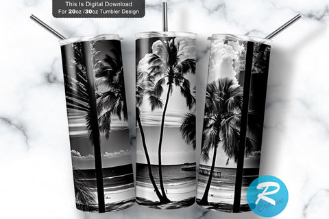 Black and White Beach View Palm Trees 20 oz / 30 oz Tumbler PNG Sublimation Regulrcrative 